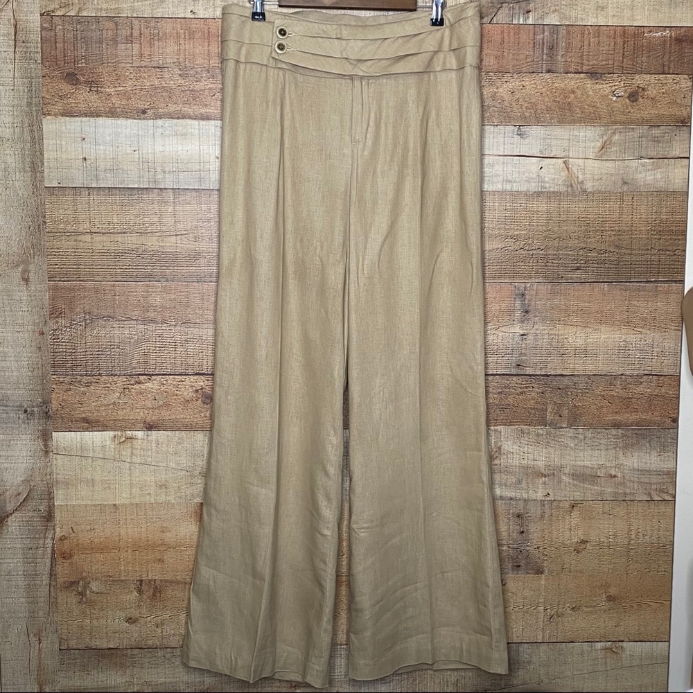 Anthropologie Elevenses High Rise Khaki Linen Blend Wide Leg Pants Size 12
